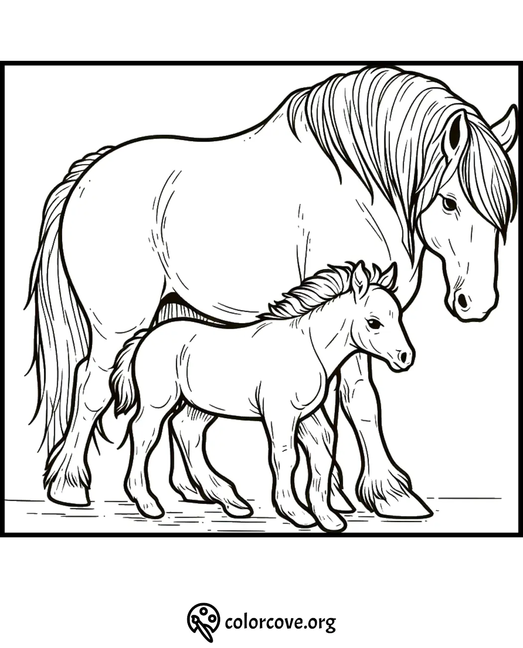 Horse and foal coloring page, perfect for kids and adults who love horses. Printable and free to download.