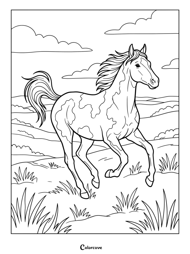 A realistic horse with spots gallops gracefully across a grassy meadow in this coloring page.