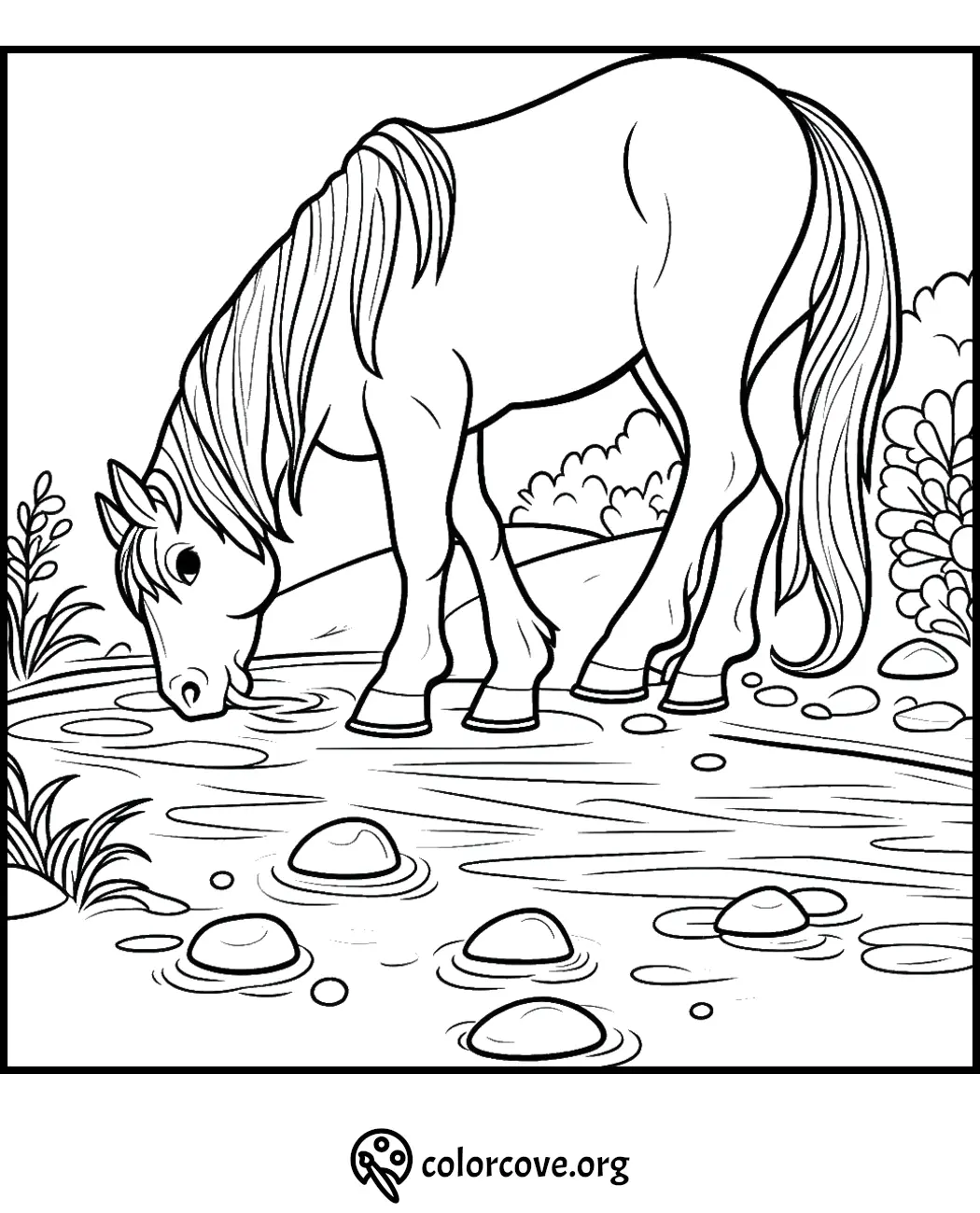 Horse at a pond coloring page, perfect for kids to enjoy and unleash creativity. Ideal for relaxation and art activities.