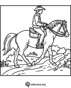 Cowboy riding a horse coloring page, perfect for kids who love horses and outdoor adventure.