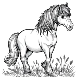 Coloring page of a cute pony standing in a field with wildflowers and grass, perfect for kids and horse-lovers to color.