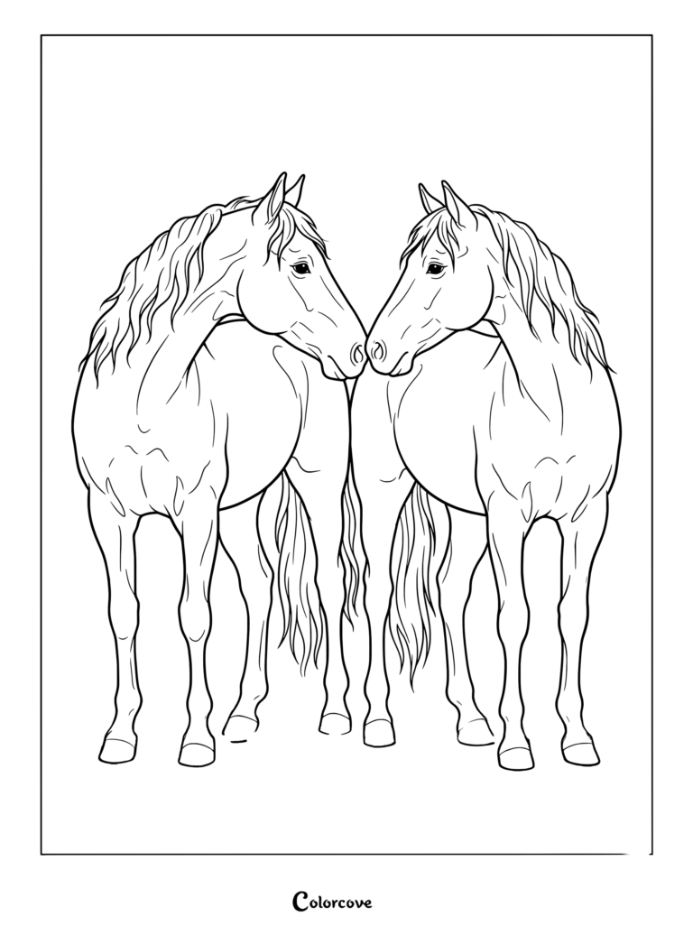 Realistic Horse coloring page featuring two majestic horses gently touching noses.