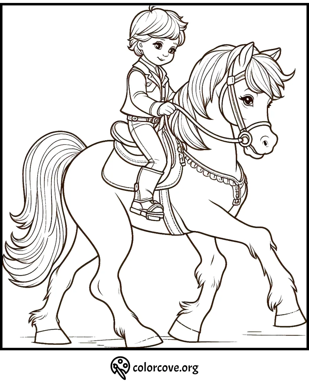 Child riding a horse coloring page for kids. Fun printable activity from colorcove.org. Perfect for horse lovers.