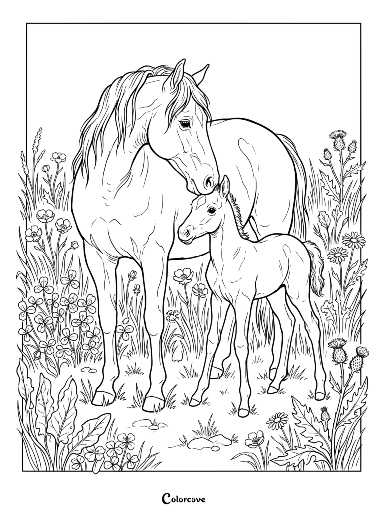 Realistic Horse coloring page showing a mare gently nudging her foal in a wildflower meadow.