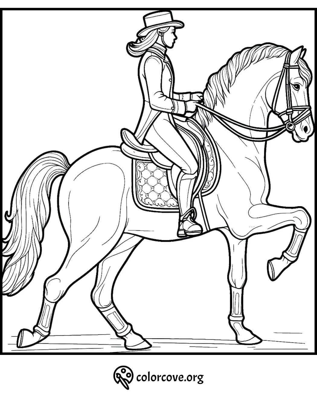 Equestrian coloring page featuring rider in hat on horse in mid-trot with detailed tack and elegant riding attire.