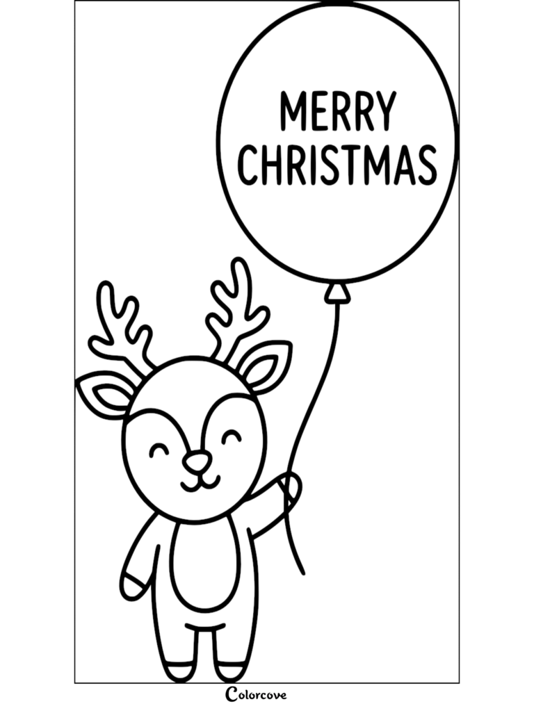 A cute cartoon reindeer holding a Merry Christmas balloon in this free printable coloring page.