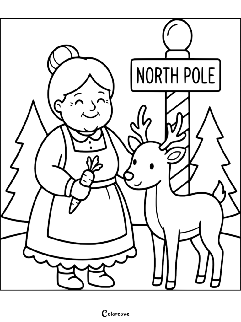 Mrs. Claus holding a carrot for a reindeer near a North Pole sign in this free printable coloring page.