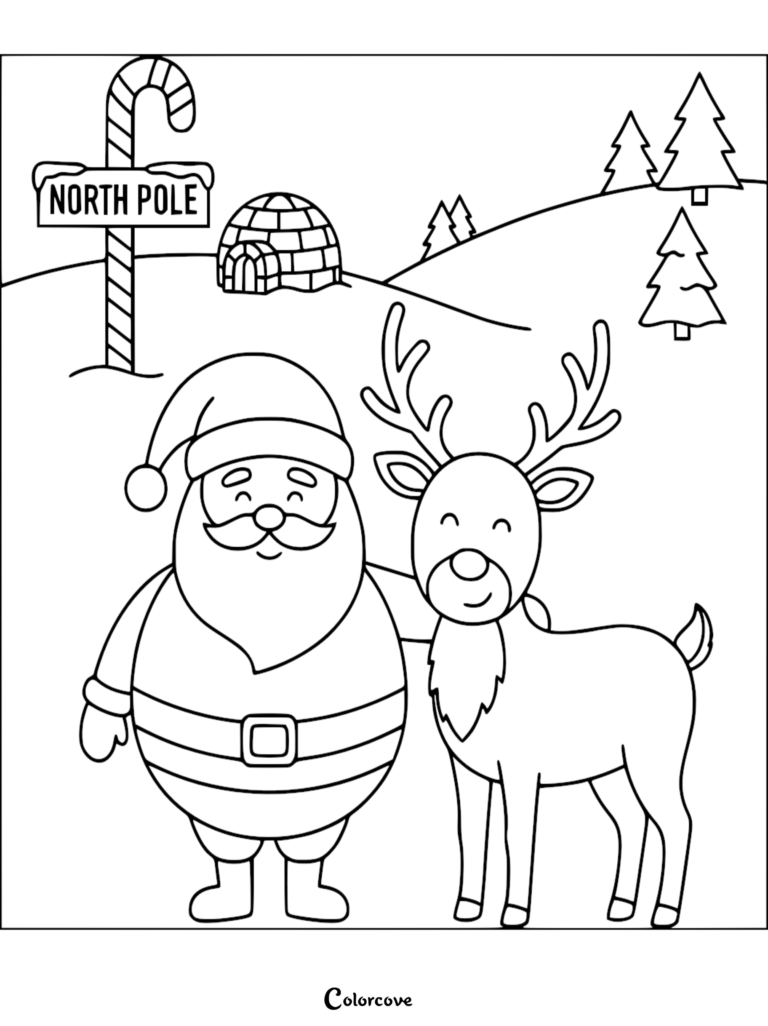 Santa Claus and a friendly reindeer standing together in a snowy North Pole landscape with an igloo and candy cane sign in this printable coloring page.