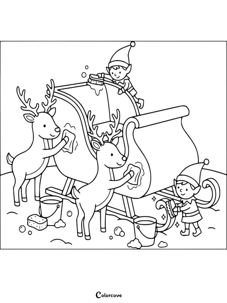 Two reindeer and two elves washing Santa's sleigh in this printable coloring page.