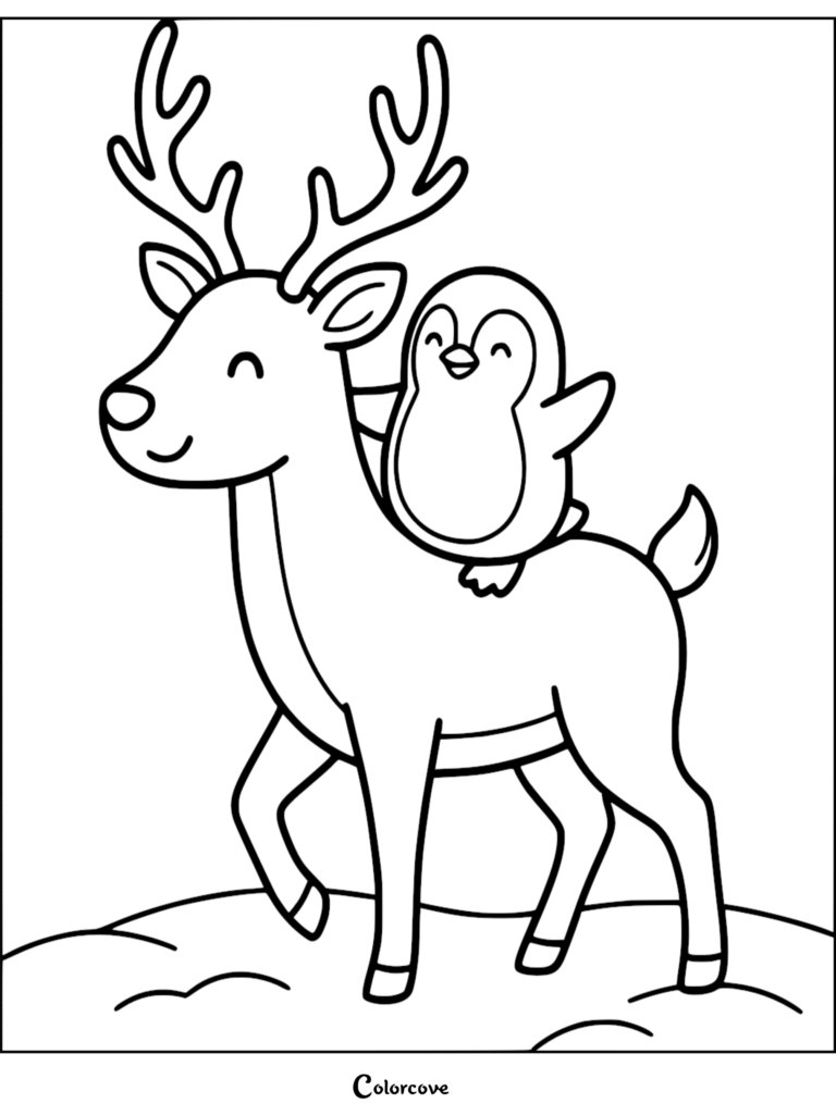 A cute penguin riding on the back of a smiling reindeer in this free printable coloring page.