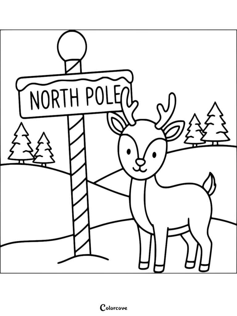 A cute reindeer standing next to a North Pole sign in a snowy forest, featured in a printable coloring page.