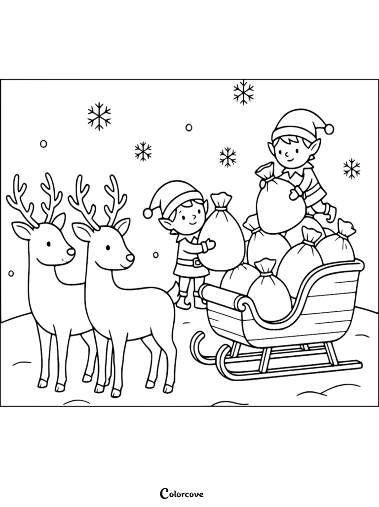 Two reindeer standing near a sleigh being loaded with gift sacks by two elves in a snowy scene coloring page.