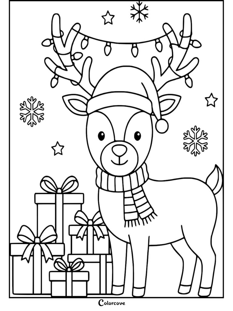 A cute reindeer wearing a Santa hat and scarf with Christmas lights on its antlers, standing next to a stack of gift boxes, featured in this free printable coloring page.