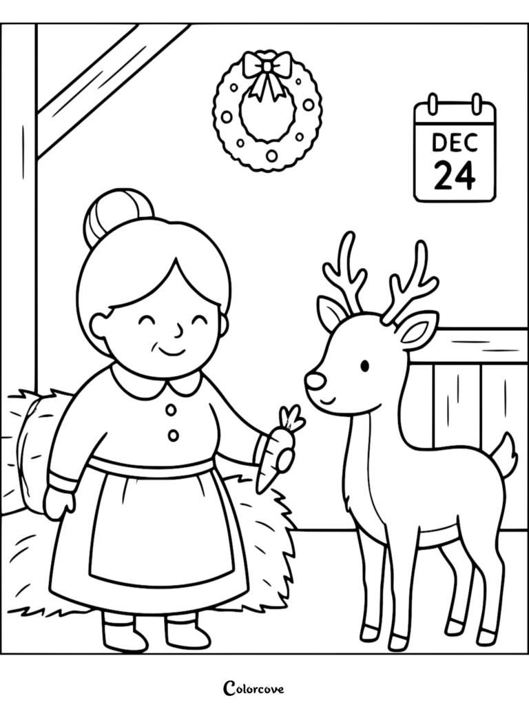 Mrs. Claus feeding a carrot to a reindeer in a barn with a December 24 calendar and Christmas wreath on the wall, printable coloring page.