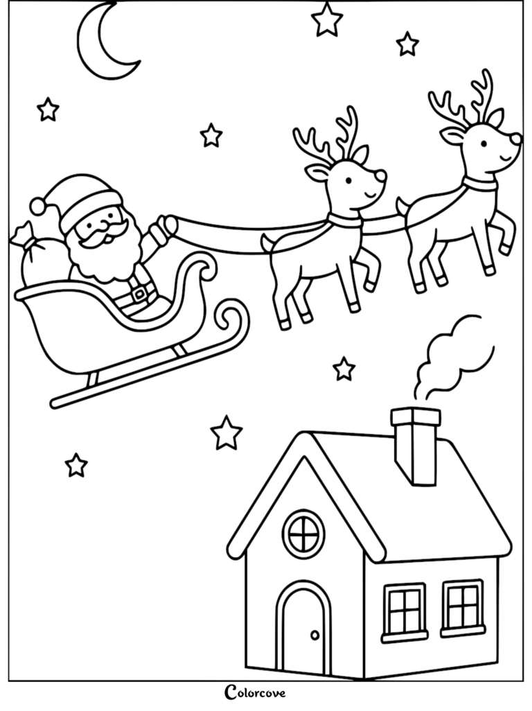 Santa Claus flying in a sleigh pulled by two reindeer over a house at night in this printable coloring page.