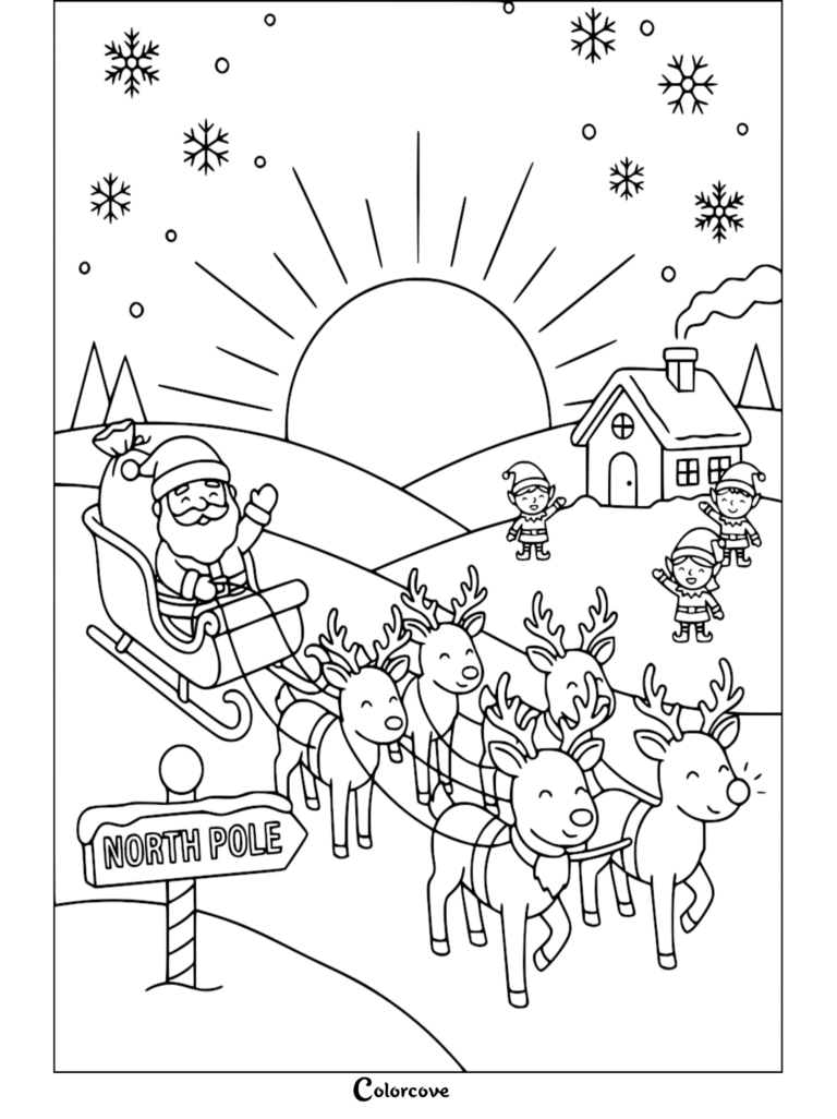 Santa Claus in a sleigh pulled by reindeer passing a North Pole sign with elves waving in the background on this printable coloring page.