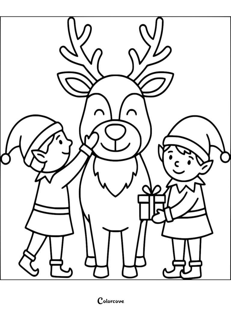 Two Christmas elves petting and gifting a present to a friendly reindeer in this printable coloring page.