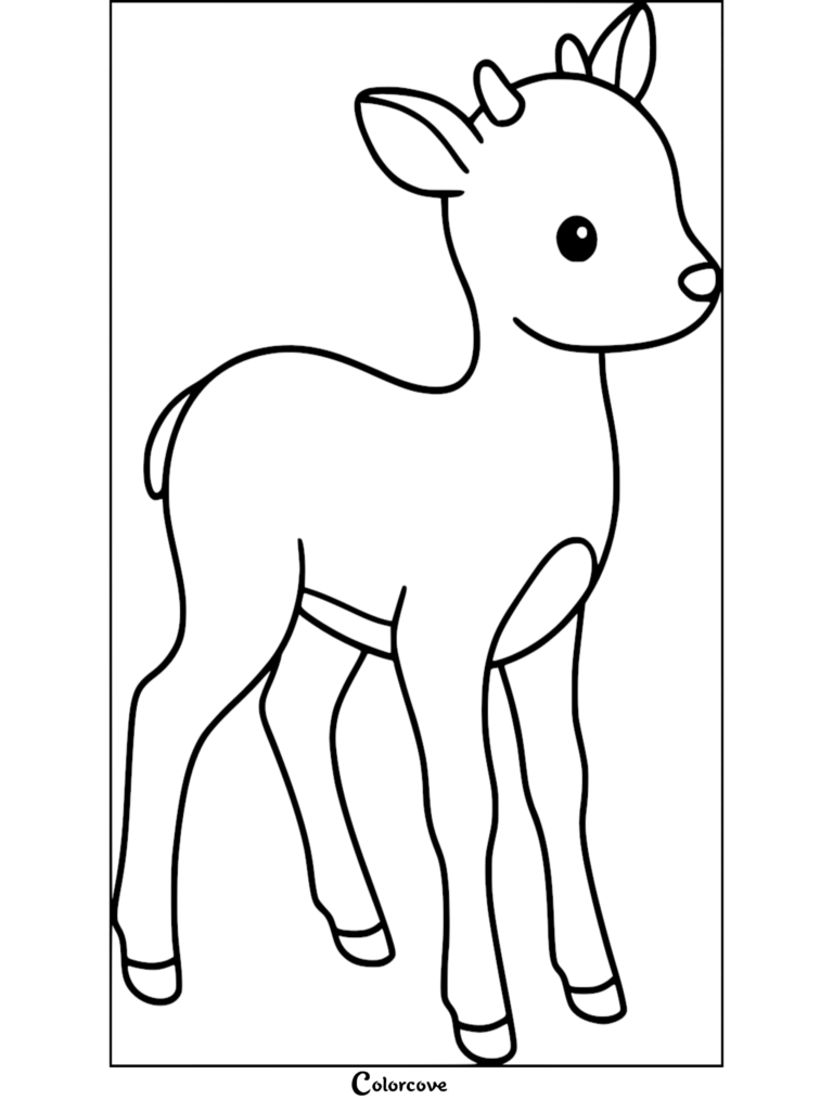 A simple line art coloring page featuring a cute baby reindeer standing and looking to the right.