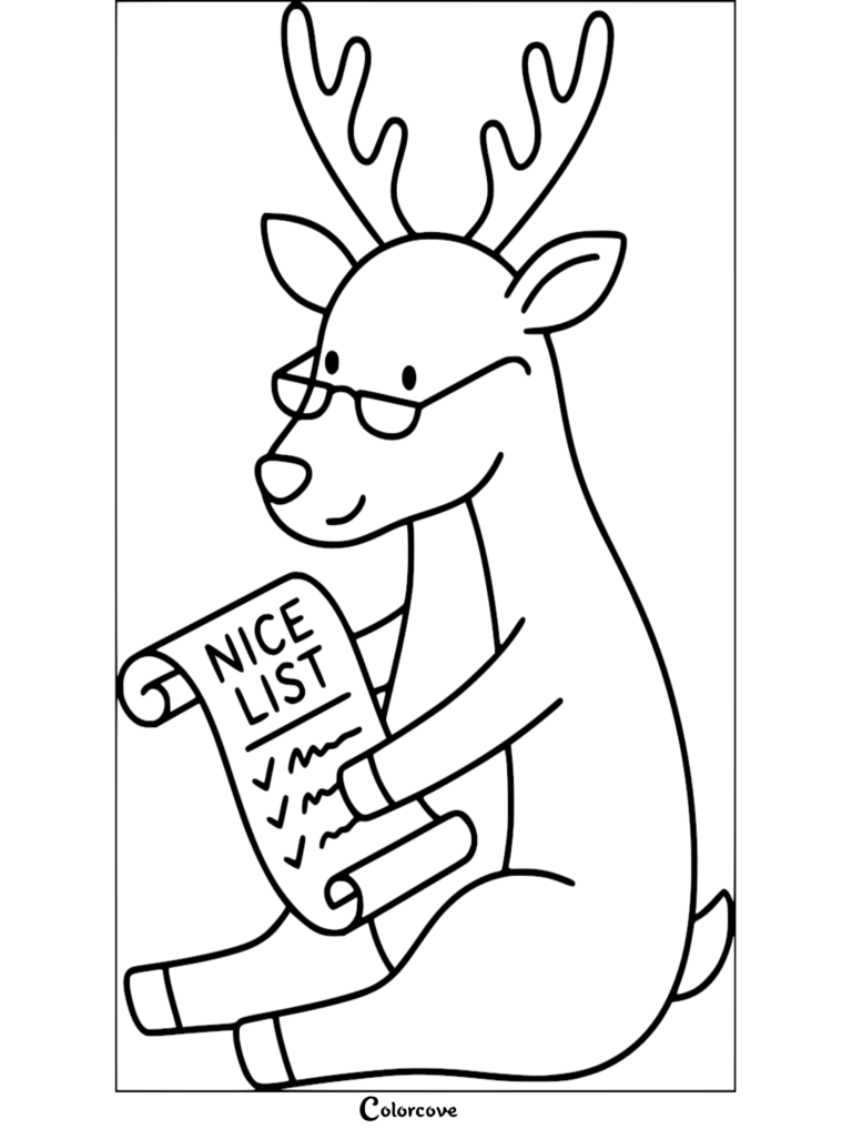 A cute reindeer wearing glasses holding a scroll labeled Nice List in this printable coloring page.