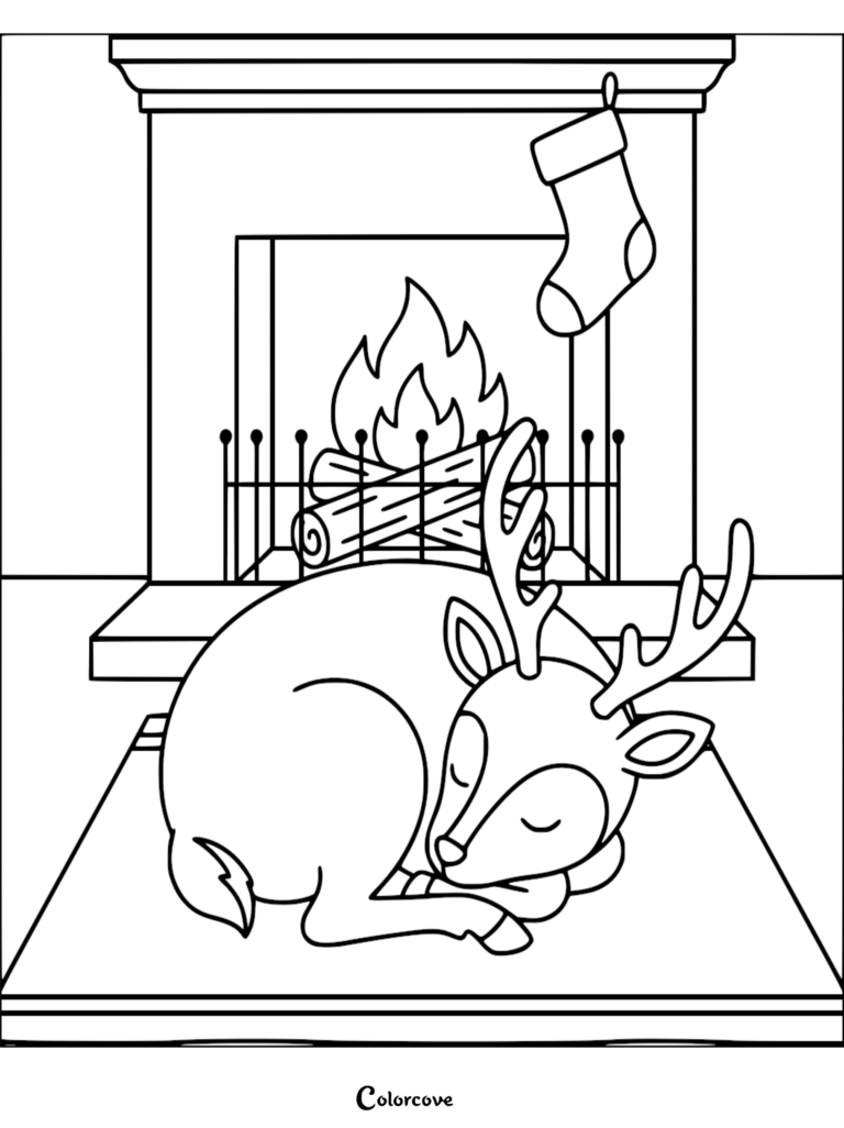 A cute reindeer sleeping on a rug in front of a cozy fireplace with a hanging stocking in this free printable coloring page.