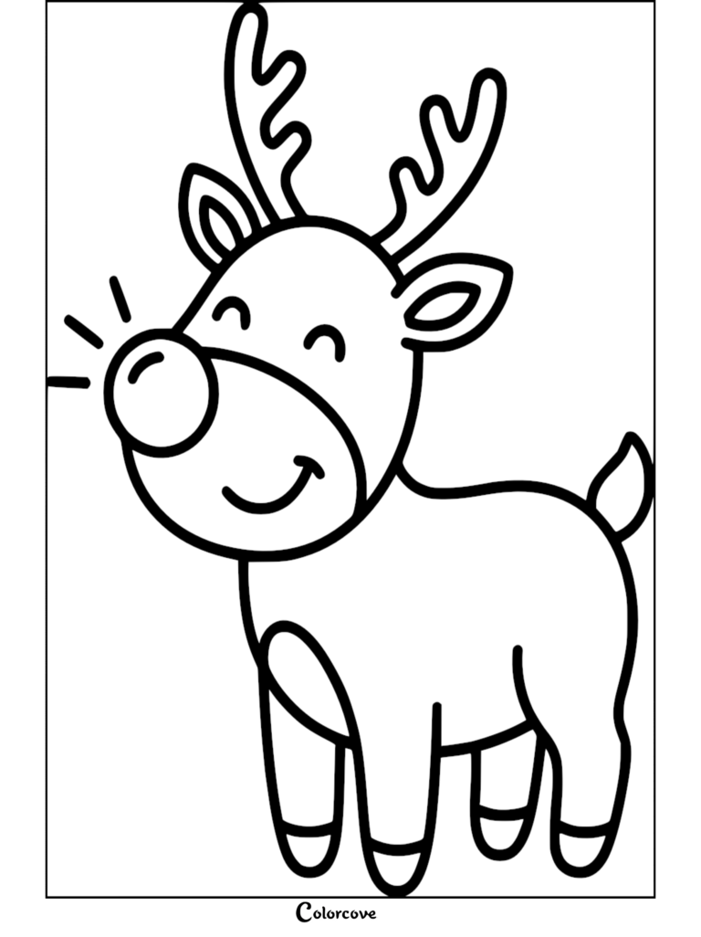 A cute reindeer with a glowing nose in this printable coloring page 22.