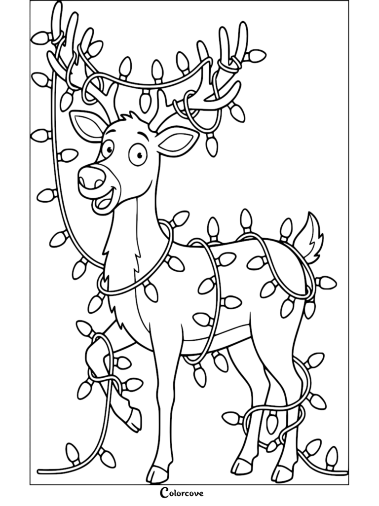 A happy reindeer tangled in a long string of Christmas lights, printable coloring page.