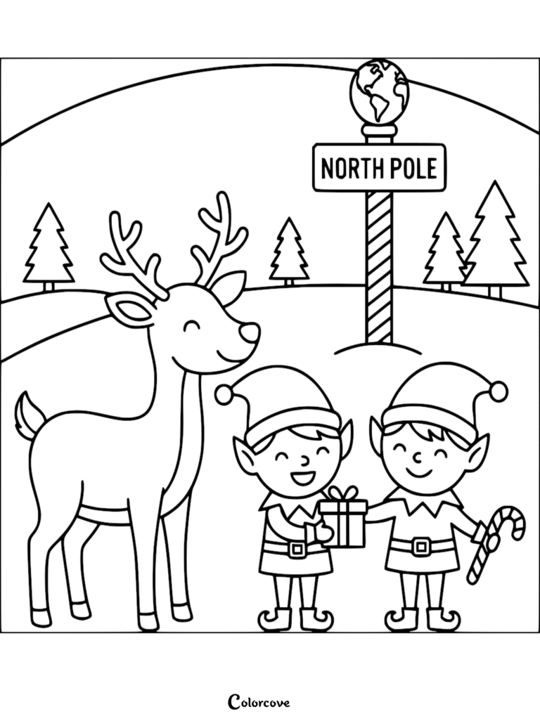 A reindeer standing with two elves holding a gift and candy cane at the North Pole in this printable coloring page.