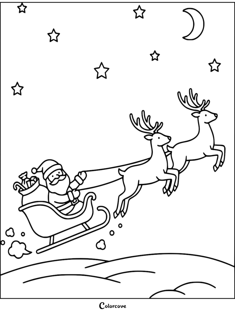 Santa Claus in his sleigh pulled by two reindeer flying through a starry night sky in this printable coloring page.