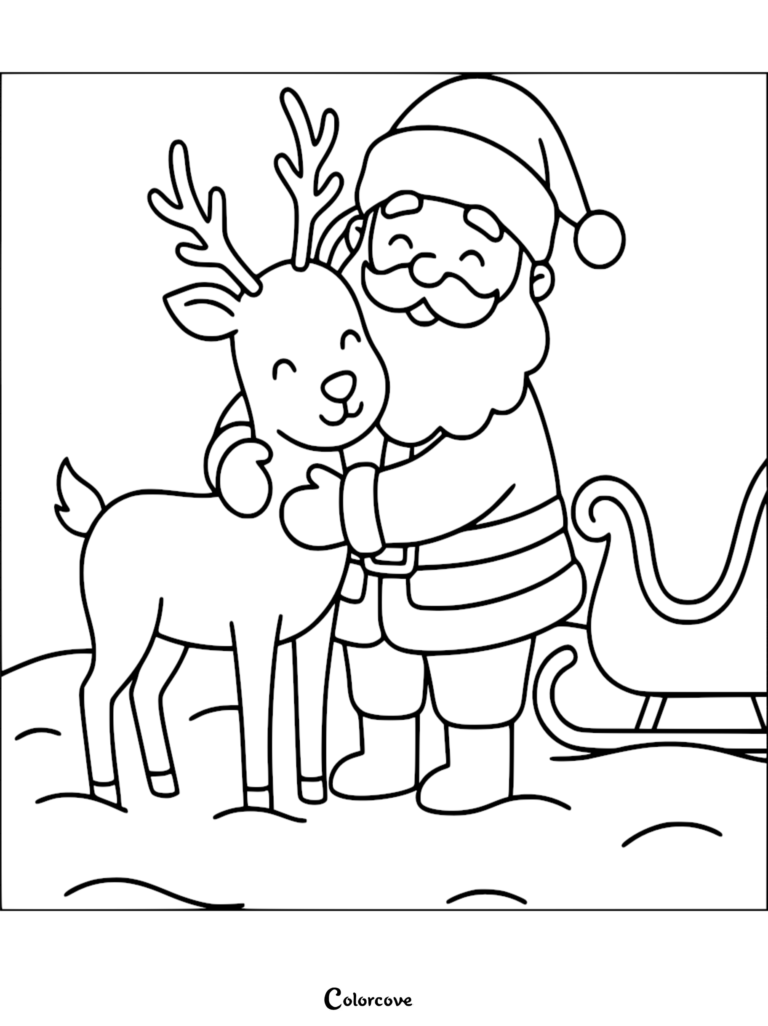 Santa Claus giving a warm hug to a happy reindeer next to a sleigh in this printable coloring page.