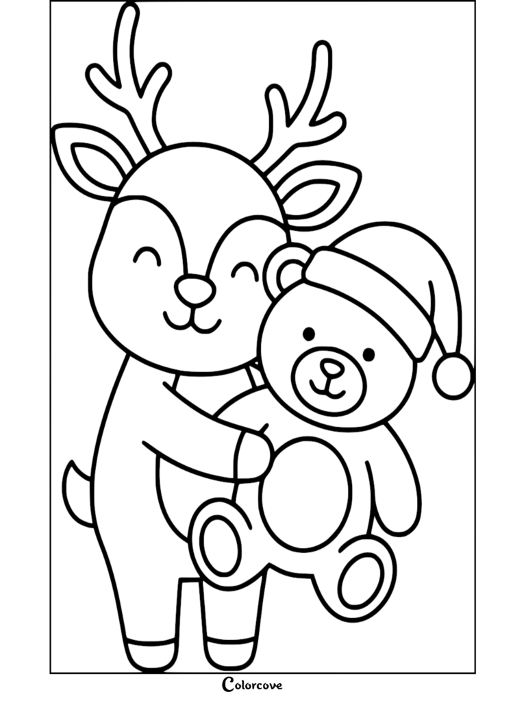 A cute reindeer hugging a teddy bear wearing a Santa hat in this printable coloring page.