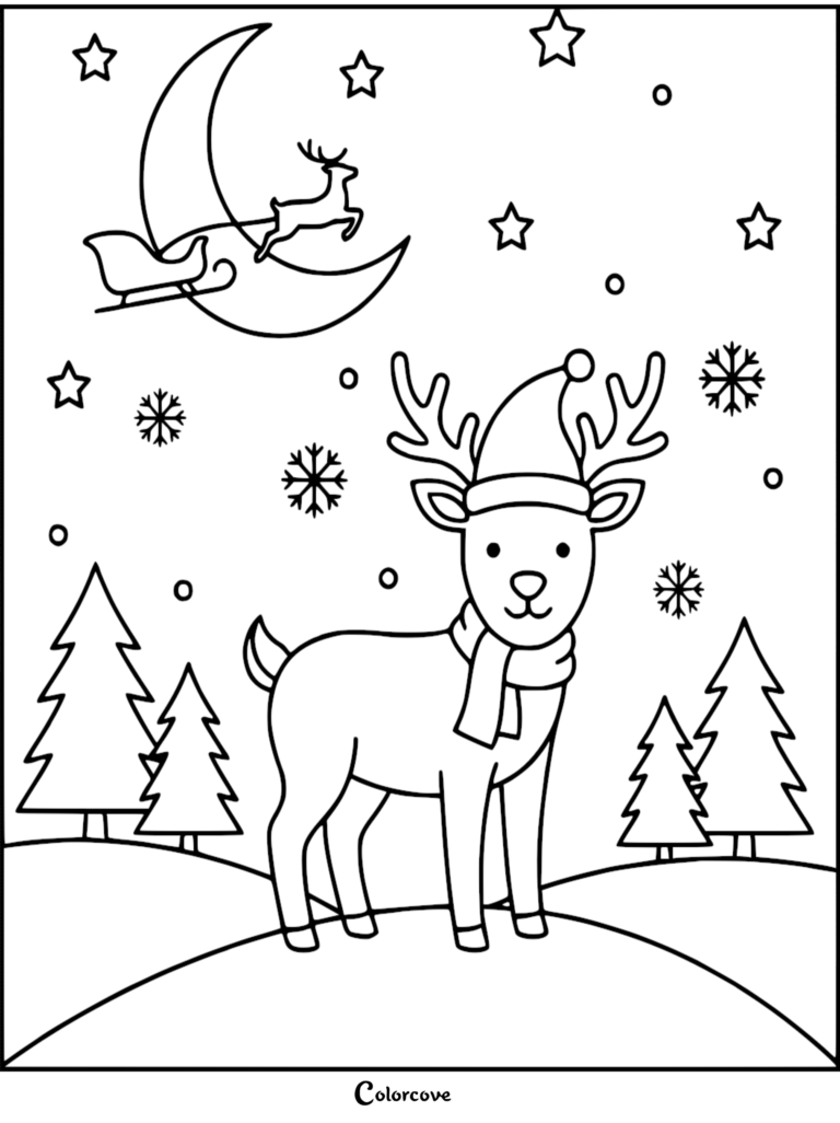 A cute reindeer wearing a Santa hat and scarf in a snowy forest with a sleigh flying past the moon in this printable coloring page.