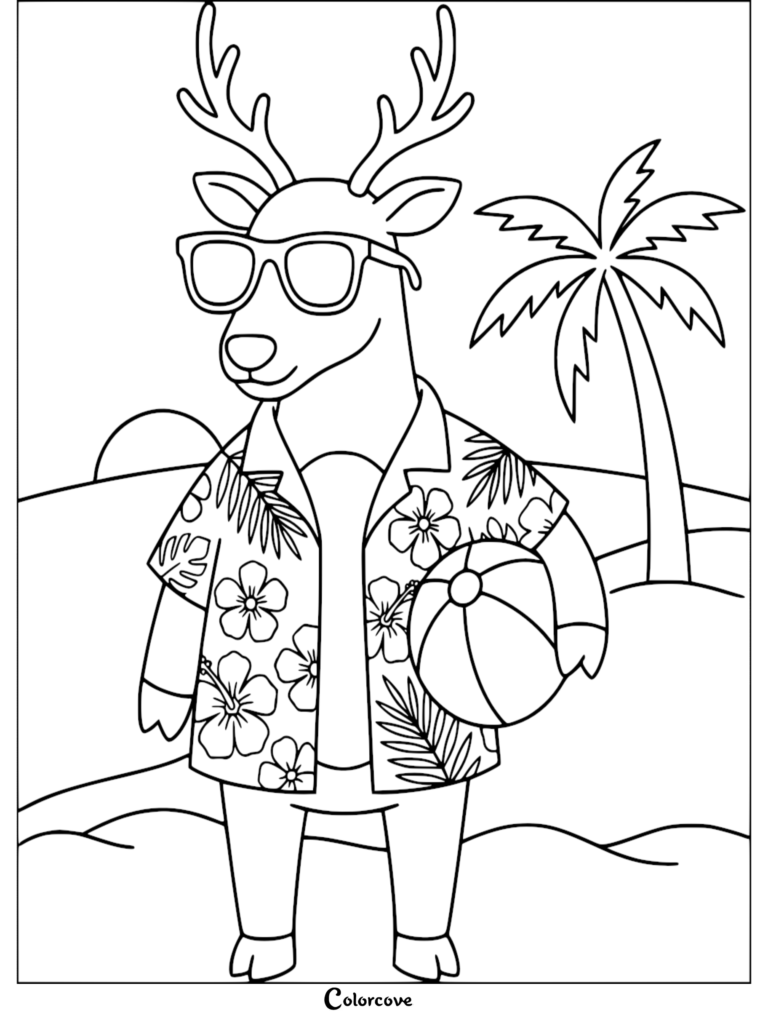 A cool reindeer wearing sunglasses and a floral Hawaiian shirt holding a beach ball on a tropical beach coloring page.