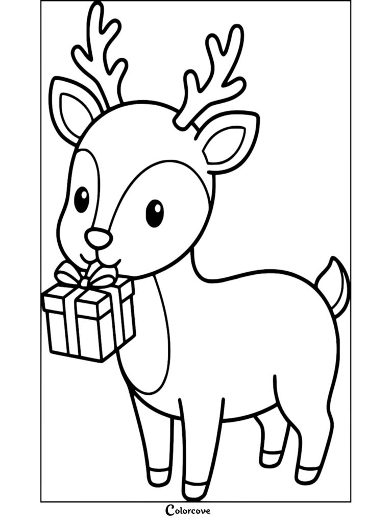 A cute reindeer holding a small wrapped gift in its mouth, featured in this free printable coloring page.