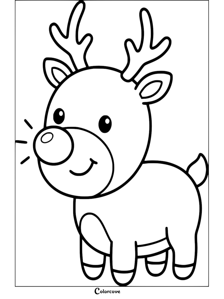 A cute cartoon reindeer with a glowing nose on a free printable coloring page.