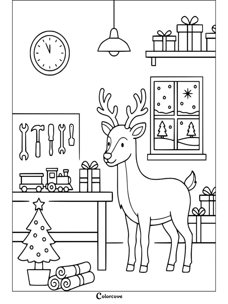 A reindeer standing in a workshop with a toy train, tools, and Christmas gifts in this printable coloring page.