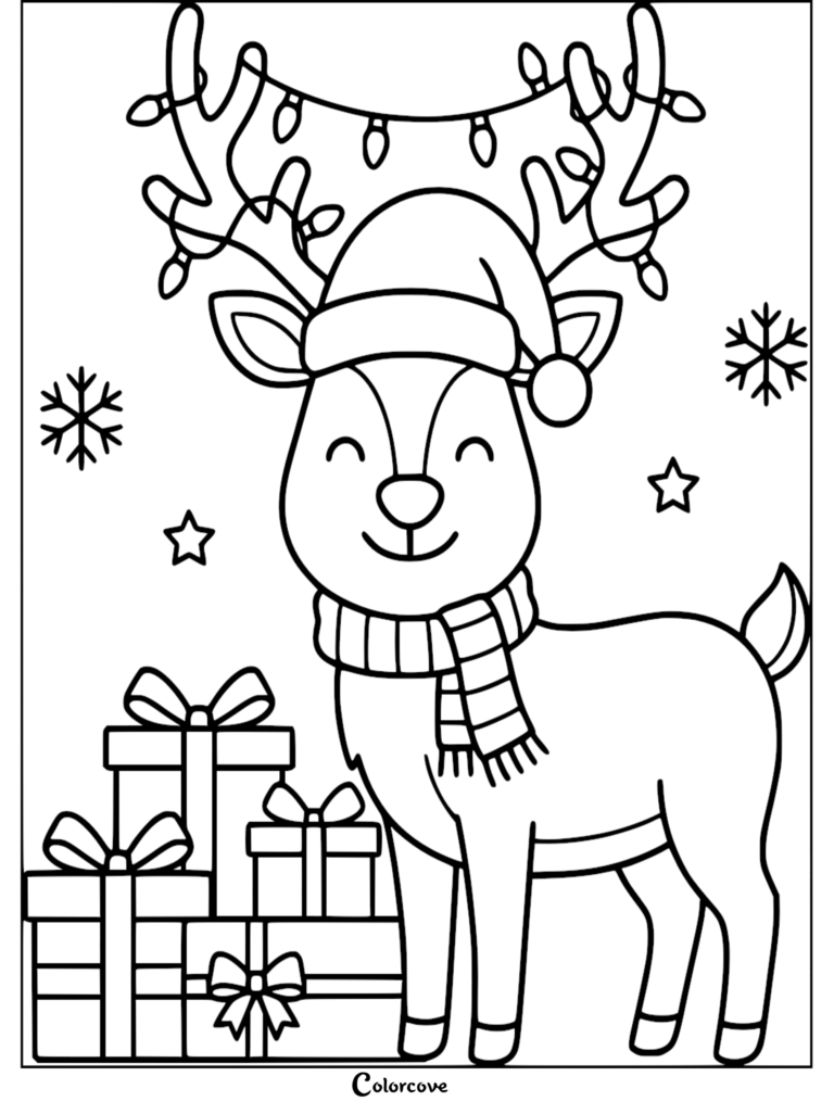 A cute reindeer wearing a Santa hat and scarf with Christmas lights on its antlers, standing next to a stack of gift boxes, featured on a printable coloring page.