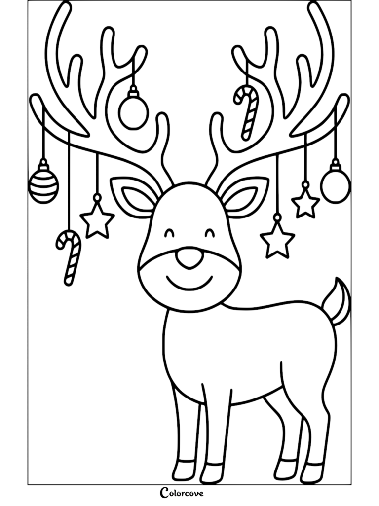 A cute reindeer with antlers decorated with hanging ornaments, stars, and candy canes in this free printable coloring page.