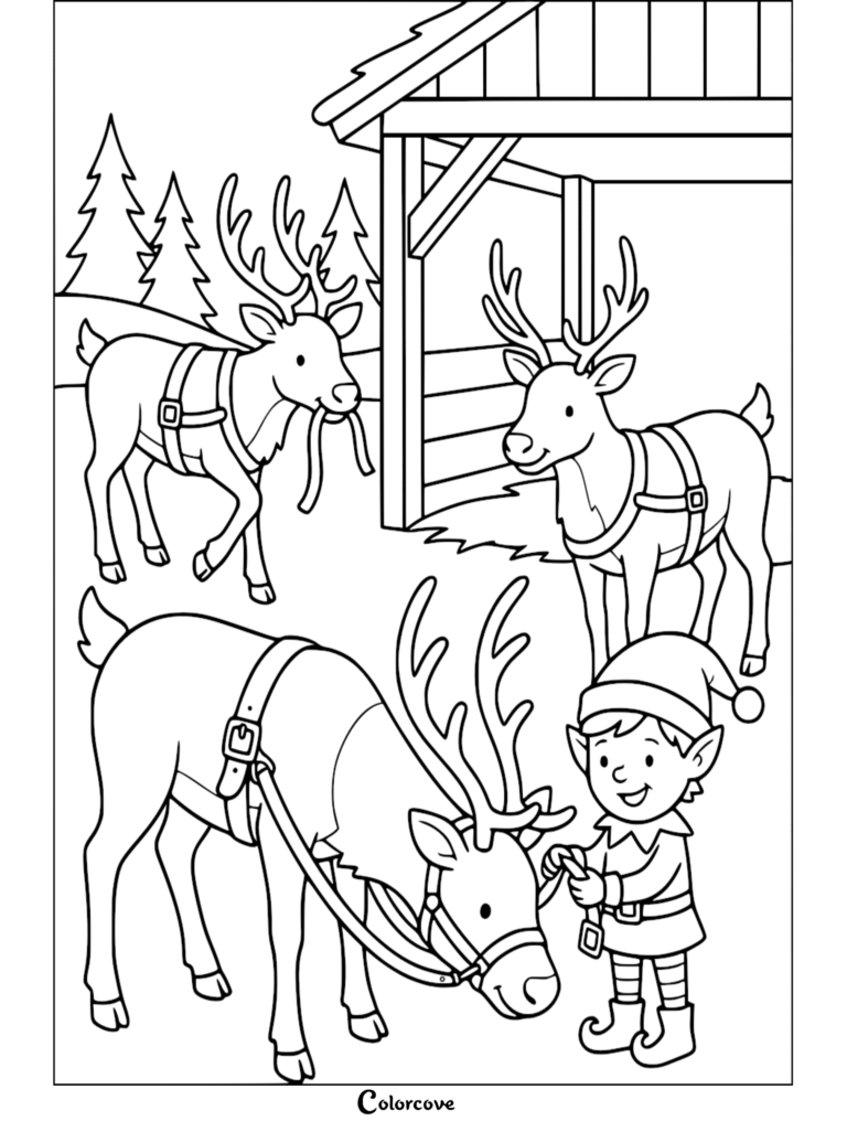 An elf holding a harness for a reindeer near a barn with two other reindeer in this free printable coloring page.