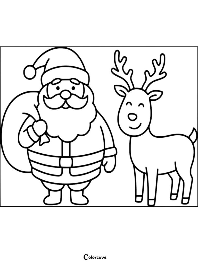 Santa Claus holding a toy sack standing next to a smiling reindeer in this free printable coloring page.