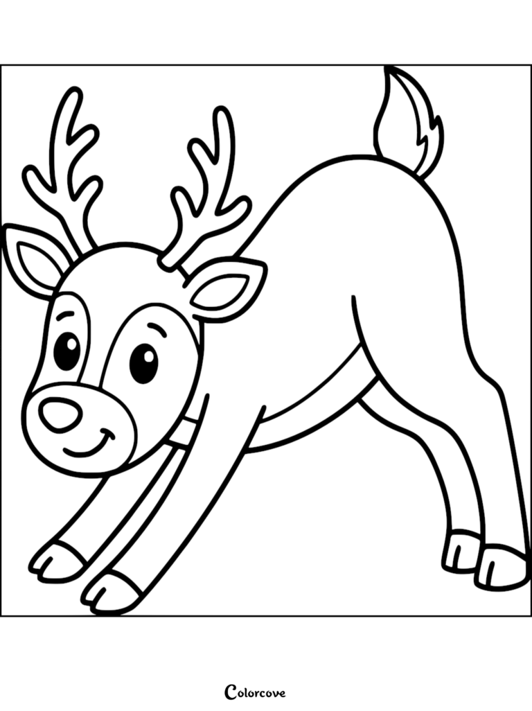 A cute cartoon reindeer in a playful bowing pose on this free printable coloring page.
