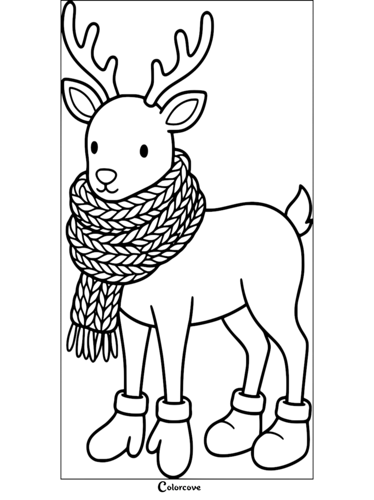 A cute reindeer wearing a thick knitted scarf and winter boots in this free printable coloring page.
