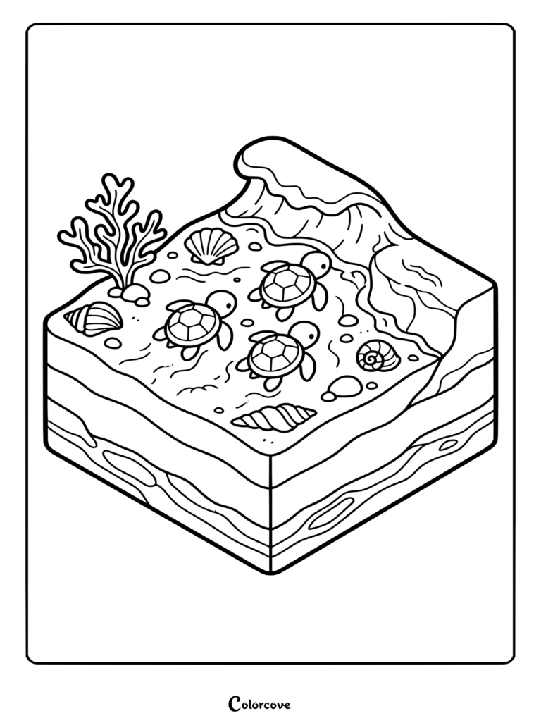 Isometric relaxing beach coloring page featuring three sea turtles swimming in shallow water with coral and assorted seashells.