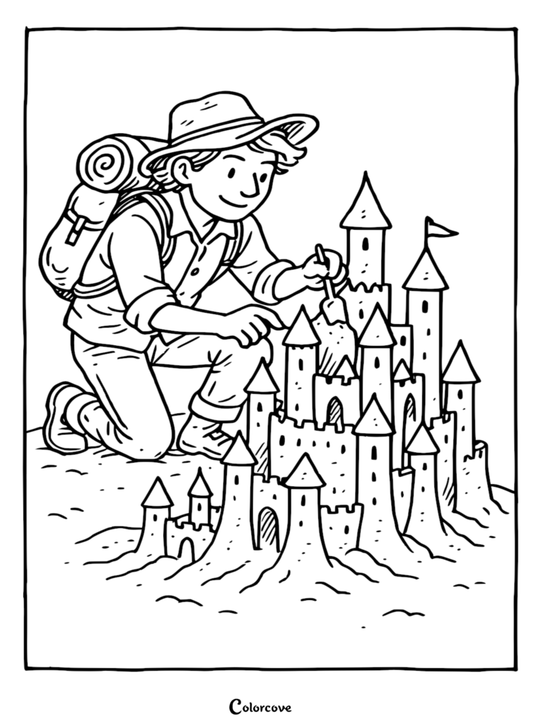 An adventurer with a backpack and hat building a detailed sandcastle on a relaxing beach in this free coloring page.