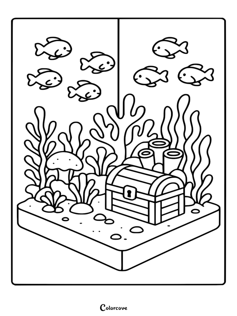A printable coloring page featuring an underwater scene with a treasure chest, coral reefs, and small cartoon fish swimming above the sandy seabed.