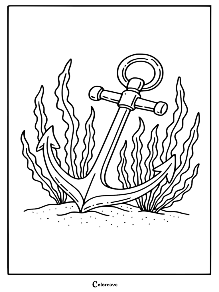 A printable coloring page featuring a nautical anchor resting on a sandy ocean floor surrounded by tall wavy seaweed.