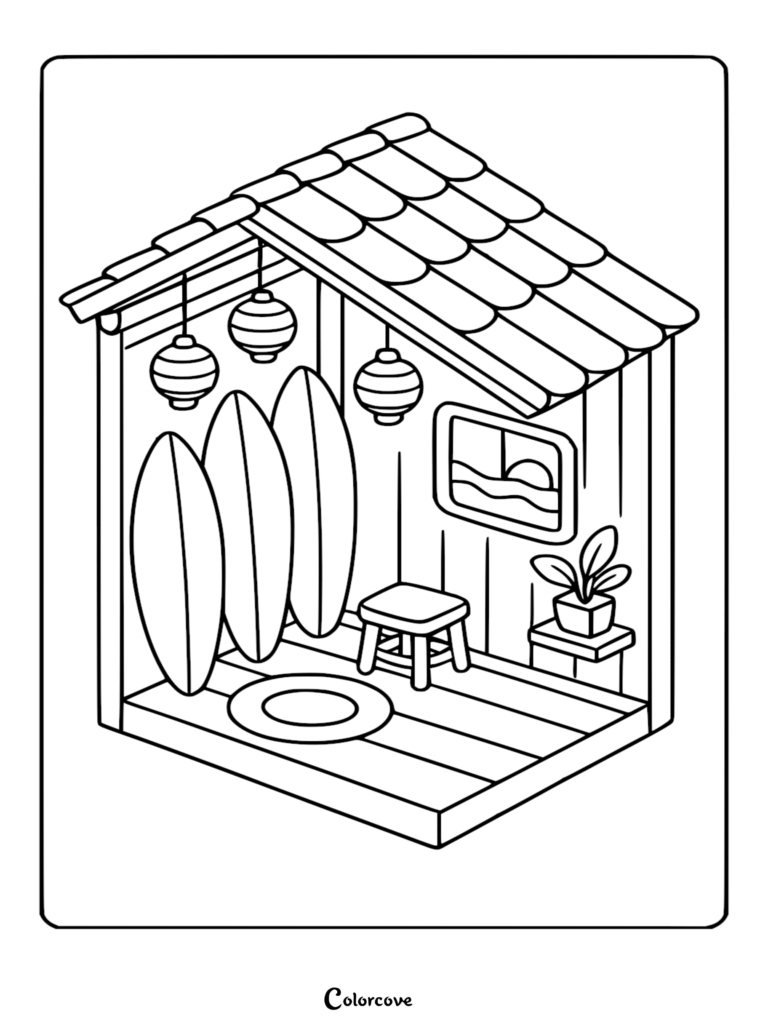 Isometric relaxing beach surf shack coloring page featuring three surfboards, hanging lanterns, a small wooden stool, a potted plant, and a window view of a sunset.