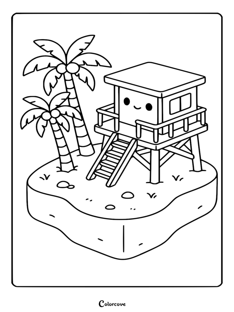 A cute kawaii lifeguard tower with a smiling face on a small tropical island with two palm trees, simple line art coloring page.