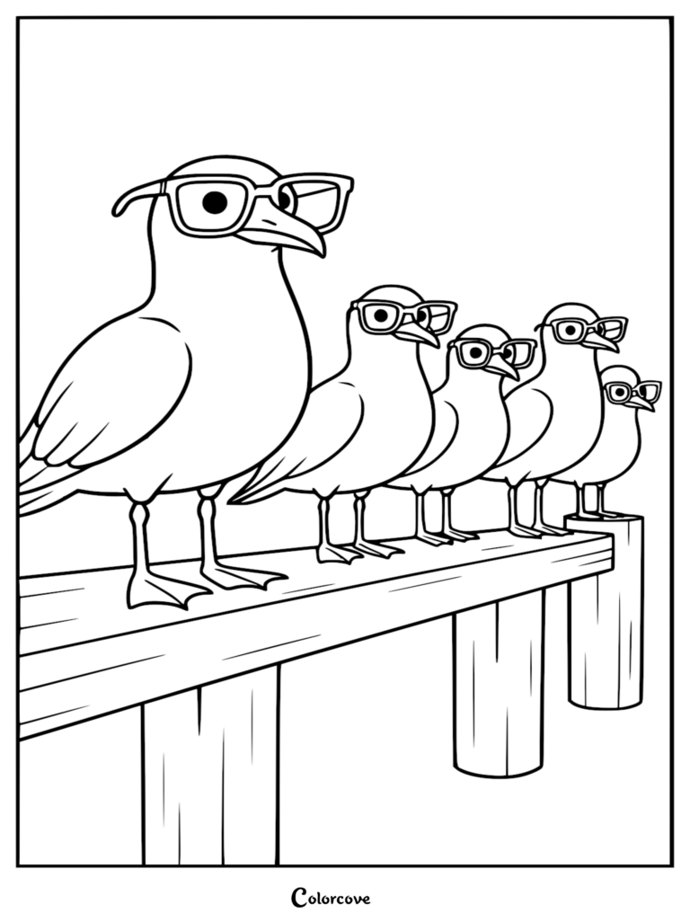 Five cute seagulls wearing oversized glasses perched in a line on a wooden beach pier, clean line art coloring page.