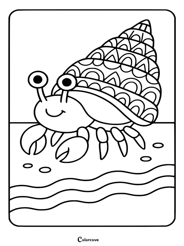 A cute hermit crab with an intricate geometric shell pattern on the sandy shoreline coloring page.