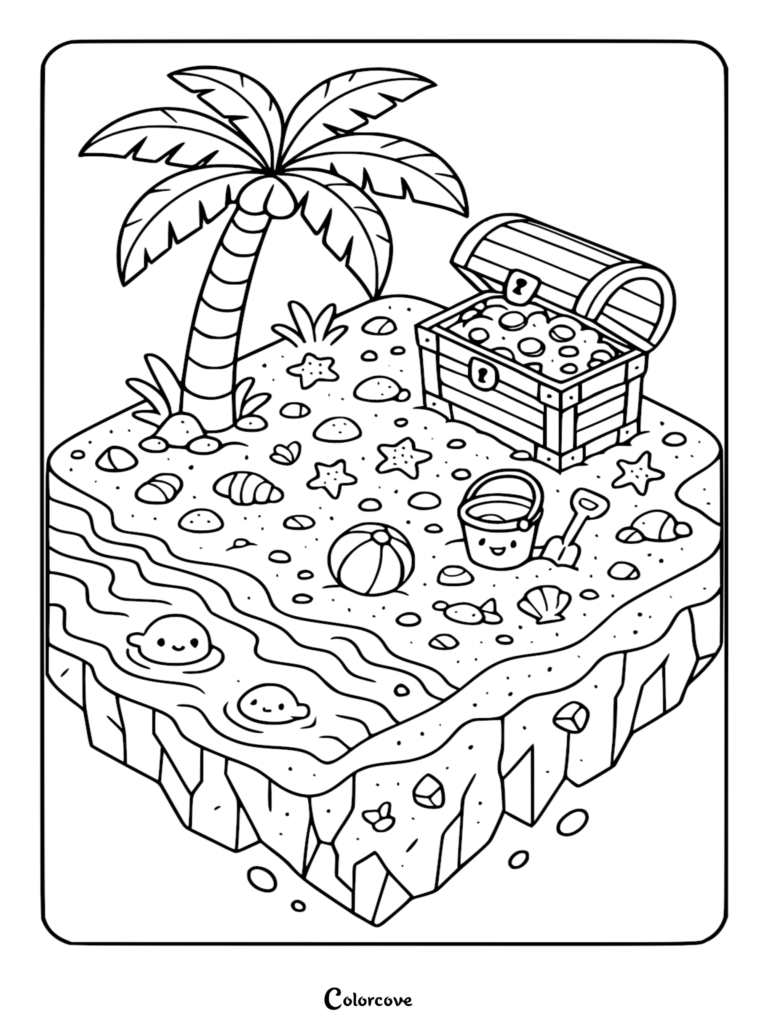 Isomeric view of a tiny tropical island with a palm tree, treasure chest filled with gold coins, a cute bucket, starfish, and sea creatures, coloring page.